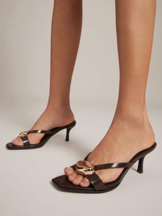 Shoes - Faux Leather gold hardware metal Accent Slide heeled open toe heels Dark Brown